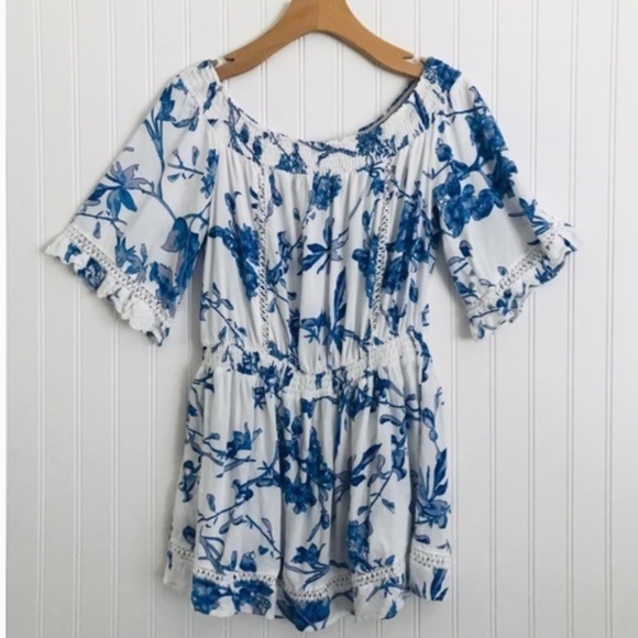 LF Dresses & Skirts - LF Rumor Boutique Blue White Strapless Floral Romper XS